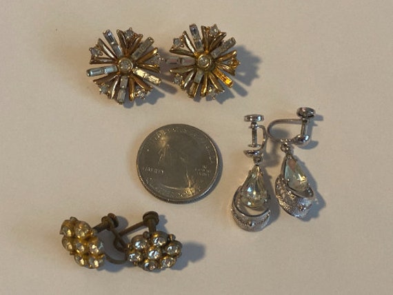 Antique Lot of 3 Pairs of Rhinestone Earrings, Cl… - image 10