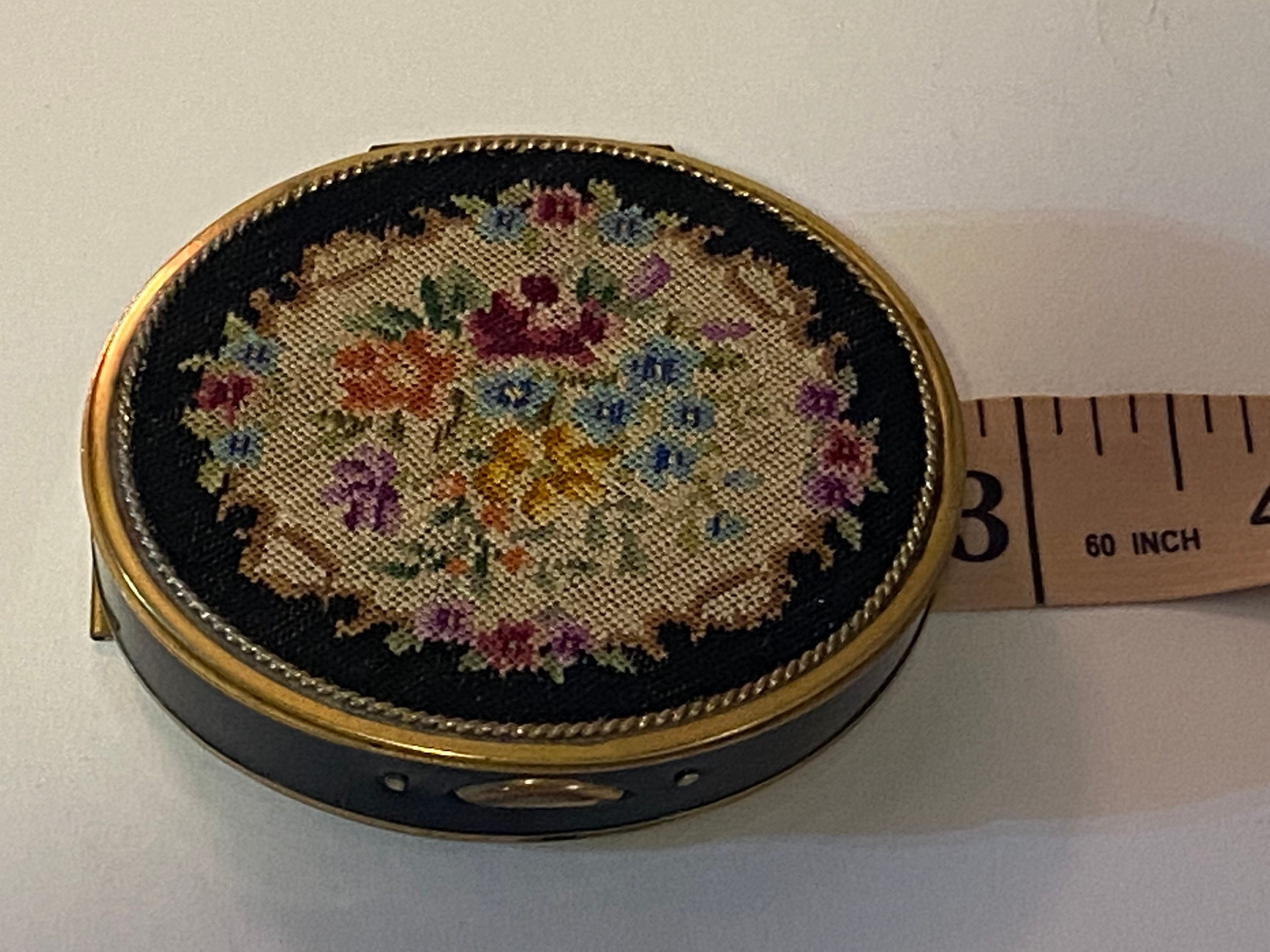 Vintage Embroidered Floral Powder Compact with Mirror (2-3/4