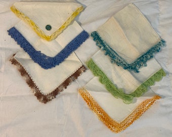 Vintage Lot of 6 Linen Hankies, Handkerchiefs, With Embroidery or Lace Trim Work, Different Colors, Measure approx. 11" to 13", FREE SHIP