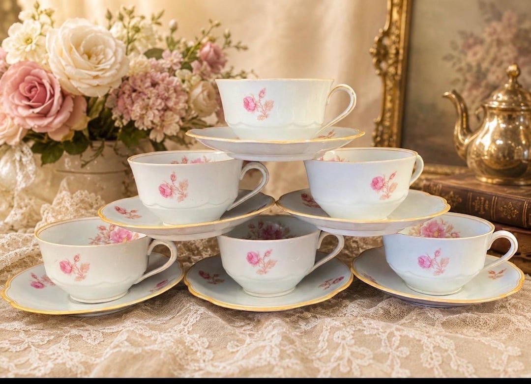 Vintage Zeh Scherzer Bavaria Tea Cup Set: Pink Flowers, Gold Trim