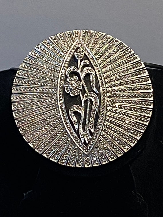 Broche Ancienne Art Déco - Argent Massif 925 - Marcassite Et Onyx - Vintage