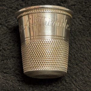 Sterling "Only A Thimble Full" 2 oz Shot Glass or Jigger by Charles Thomae, 2" tall, perfect condition, signed, hallmarked, 44.5g, FREE SHIP