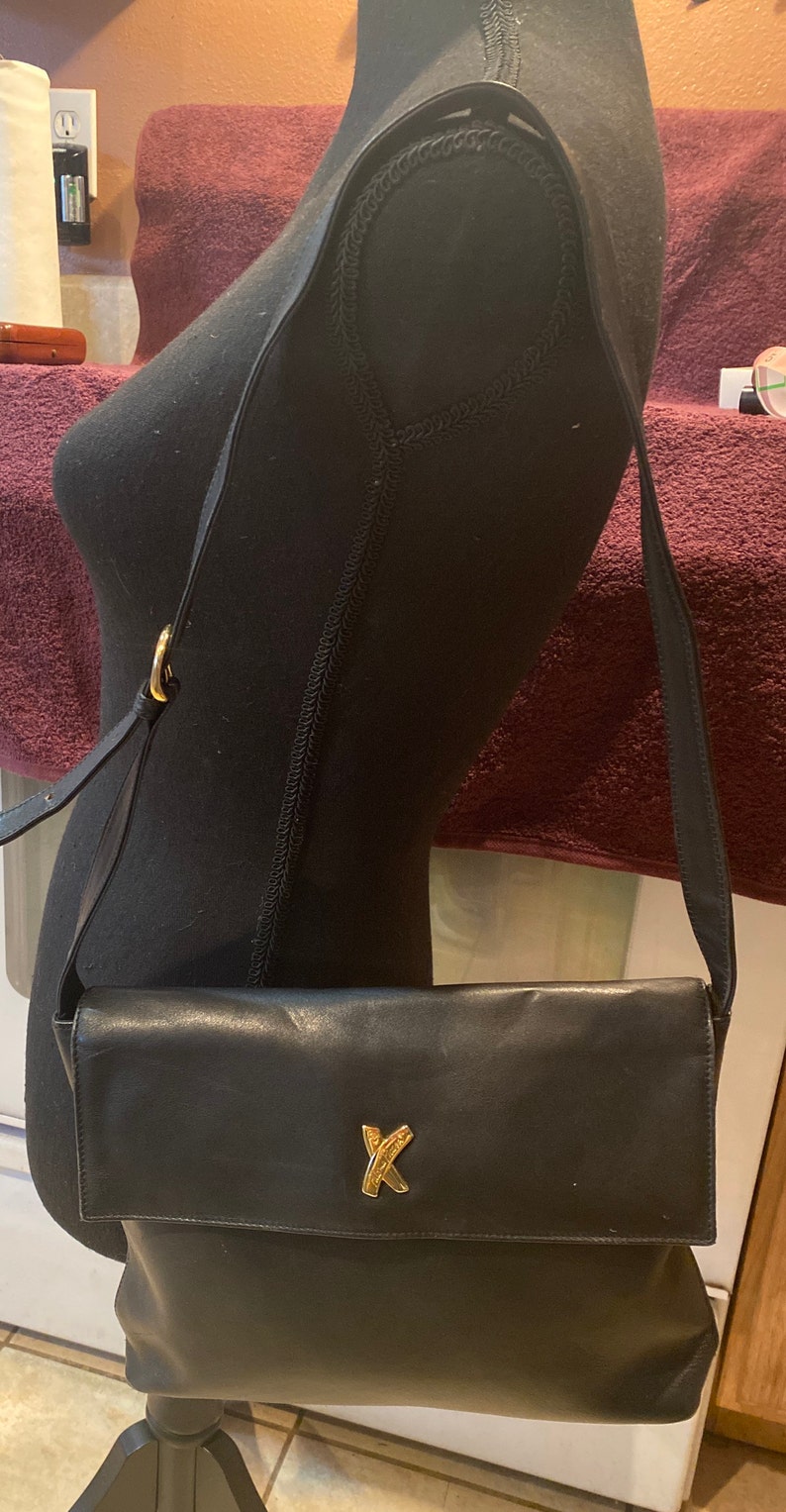 Vintage Paloma Picasso Black Leather Handbag, Leather Shoulder Bag, Crossbody purse, Adjustable, 11-1/2 wide, 8-1/2 tall, and 2-1/2 deep image 5
