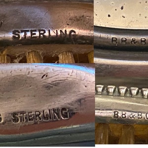 Puede incluir: Primer plano de cuatro marcas diferentes en un objeto de plata. Las marcas incluyen "STERLING" y "B.B.&B.CO."