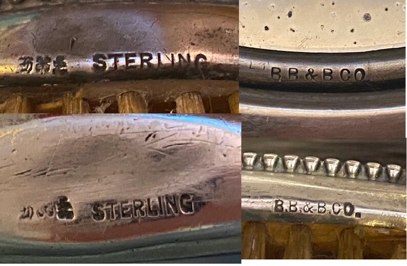 Puede incluir: Primer plano de cuatro marcas diferentes en un objeto de plata. Las marcas incluyen "STERLING" y "B.B.&B.CO."