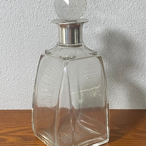 Gorgeous Estate Antique Square Shaped Crystal Glass Decanter with Sterling Silver Rim Marked K. Anderson, Crystal Glass Stopper, 9-3/4&quot; tall