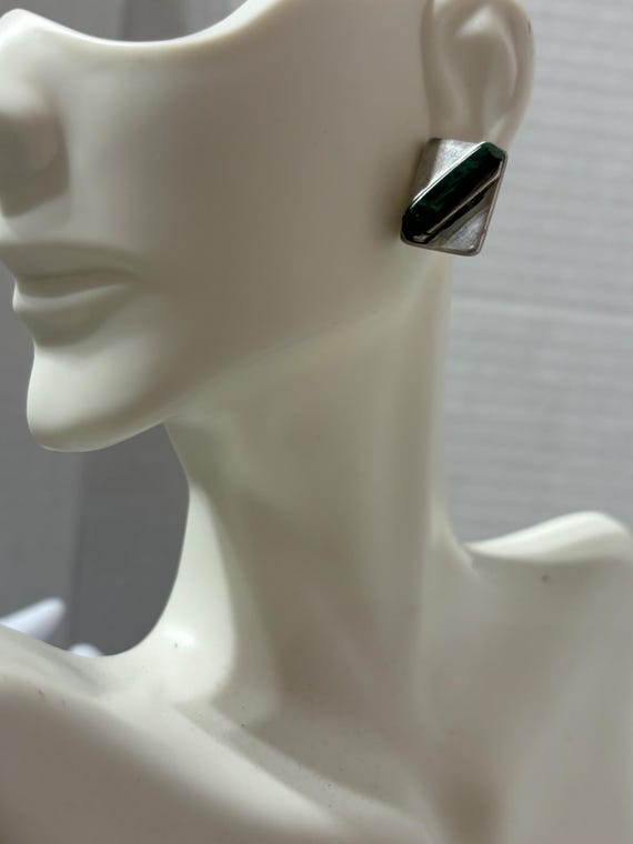 Sterling Silver Malachite Bar Stud Earrings: Stri… - image 9
