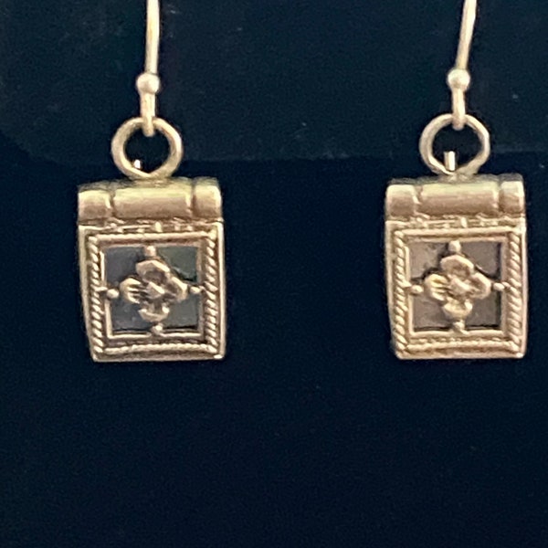 Vintage Estate Sterling Silver Panel-Like Drop or Dangle Earrings, Gorgeous with Flower in Middle, Marked 925, FREE SHIP