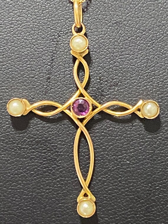Exquisite Estate 14K Gold Cross Pendant with Pear… - image 5