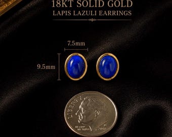 Petite 18KT Gold Lapis Lazuli Stud Earrings – Dainty Oval Blue Gemstone Earrings
