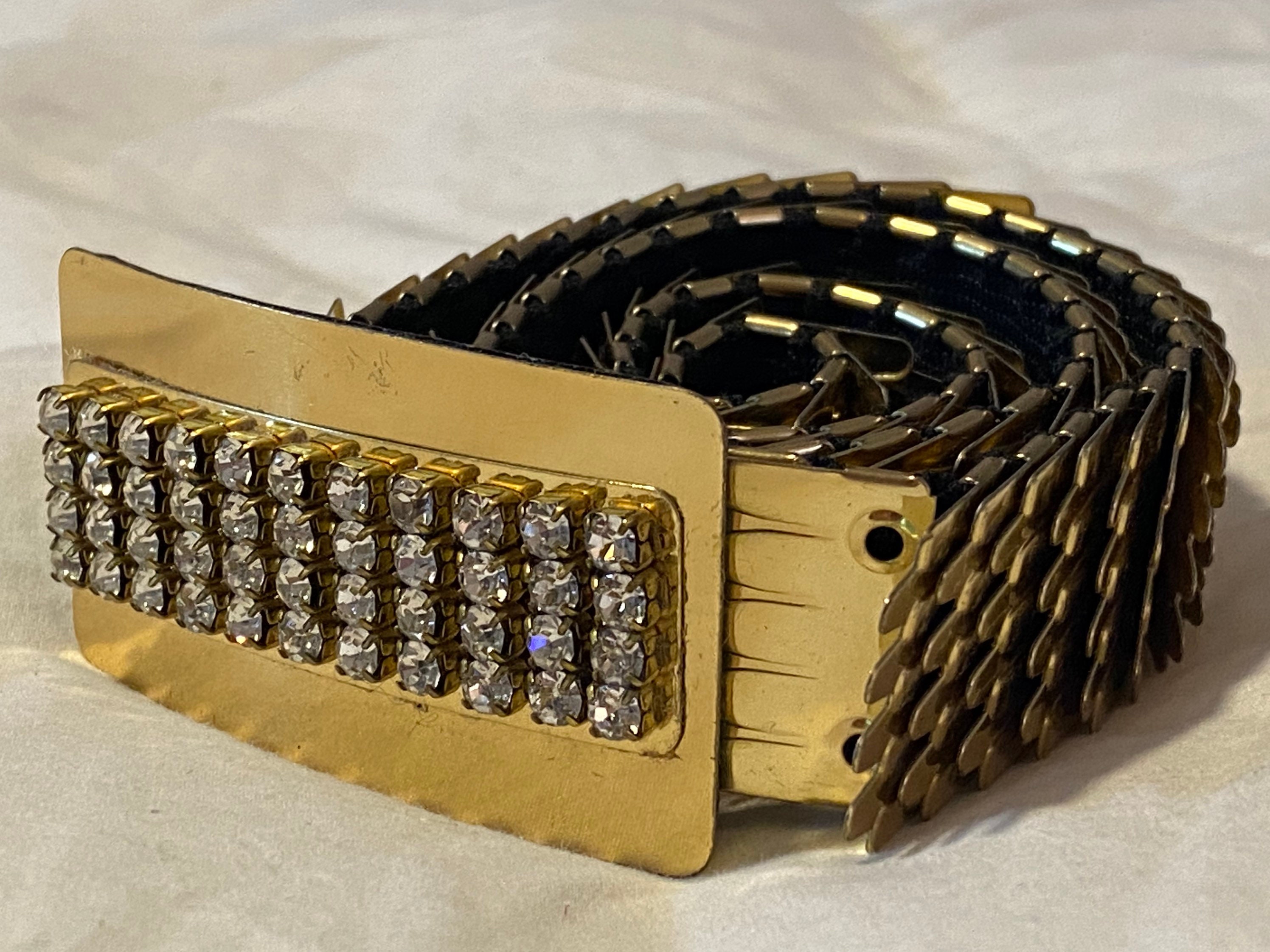 Vintage Gold Metal Mesh Stretch Belt, Rhinestone Buckle  display picture 1