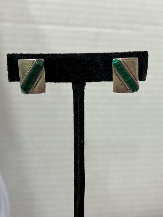 Sterling Silver Malachite Bar Stud Earrings: Stri… - image 1