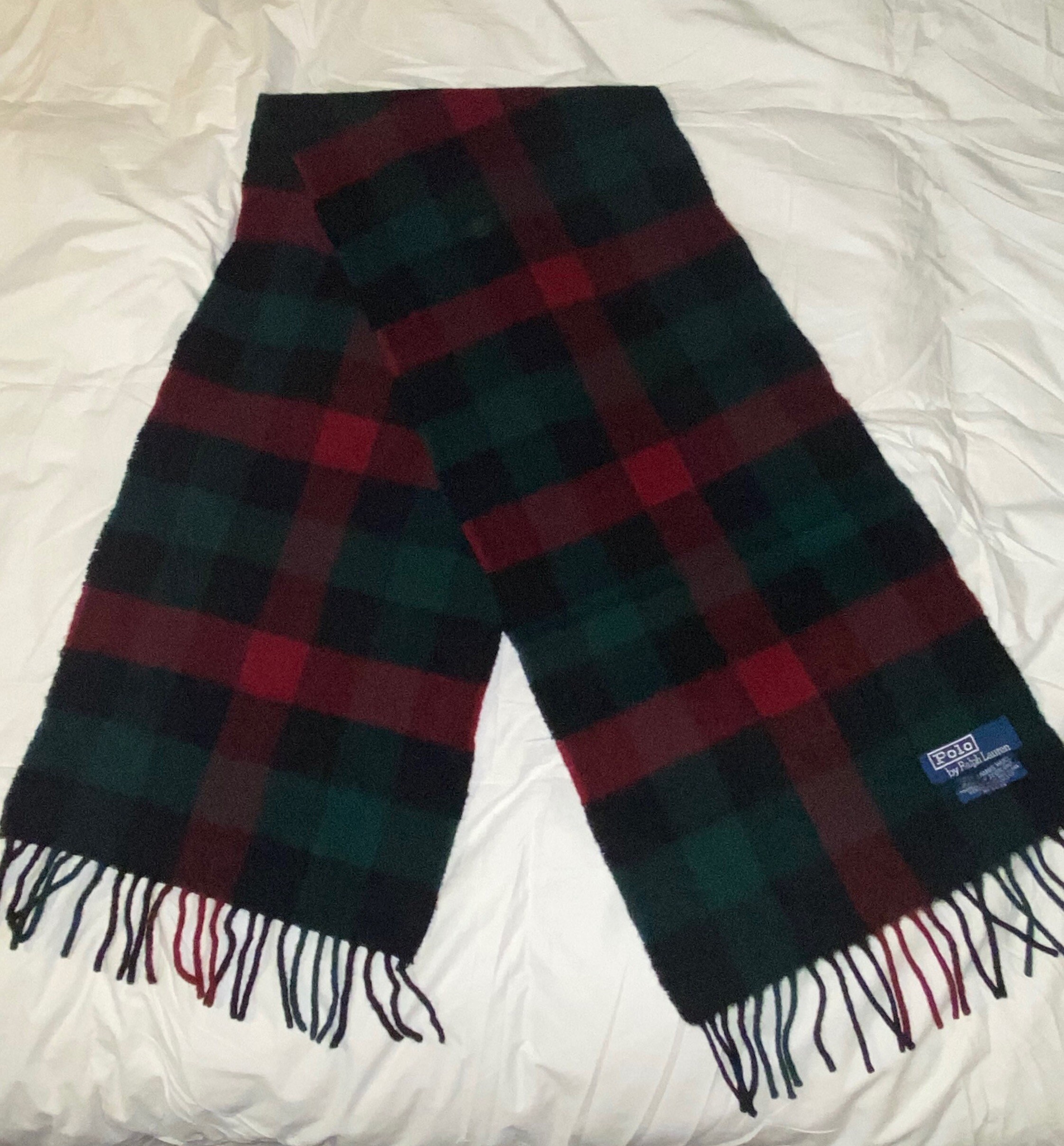 Vintage Ralph Lauren Lambs Wool Scarf W/fringe, Green, Navy