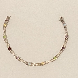 Stunning Estate Sterling Silver Colorful Tennis Bracelet, 7&quot; long, 8.18g, 5mm wide, Beautiful Stones - Ruby, Emerald, Diamond, Citrine