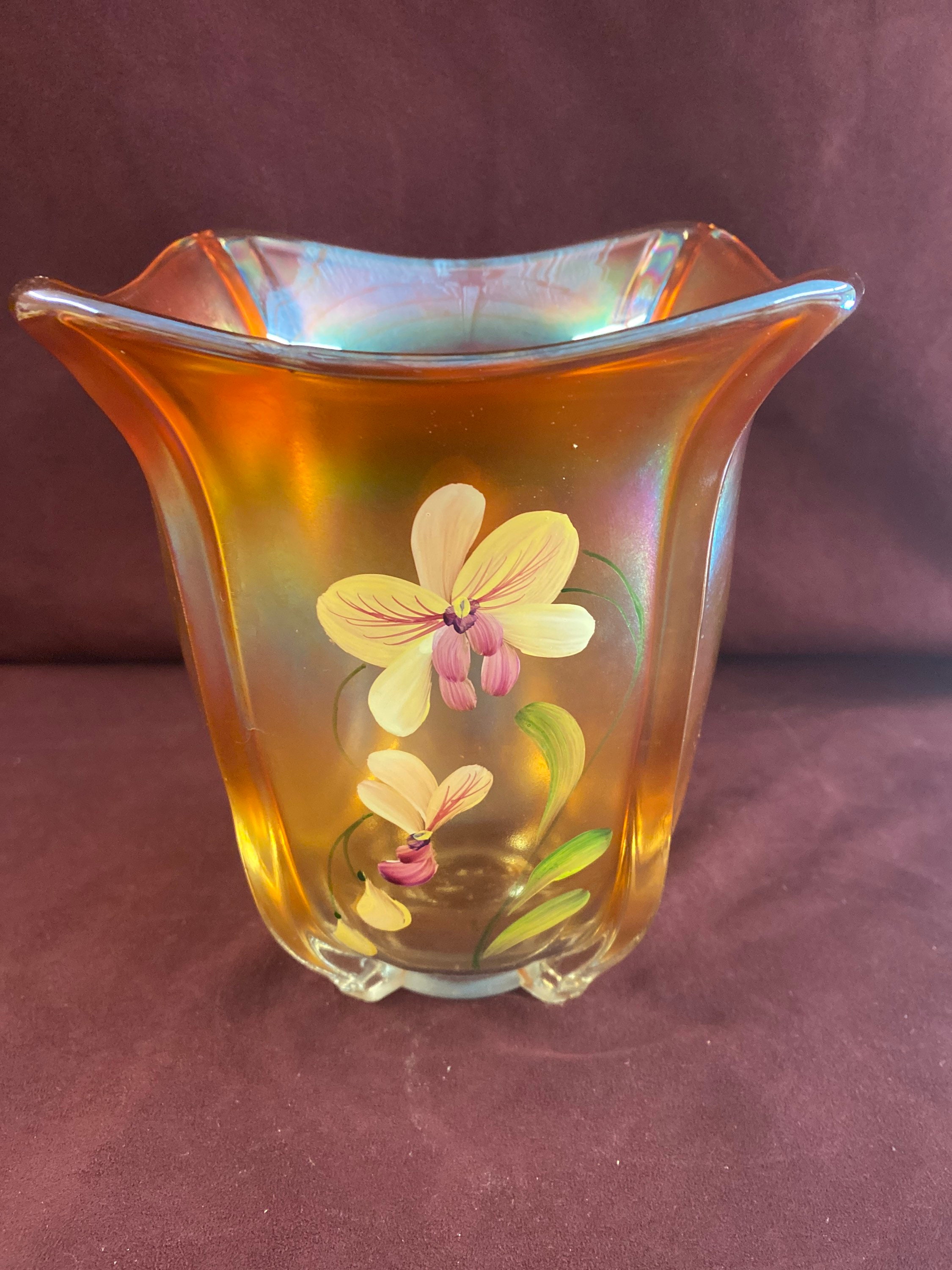 Vintage Fenton Squared Vase With Flared Top, Hand Painted