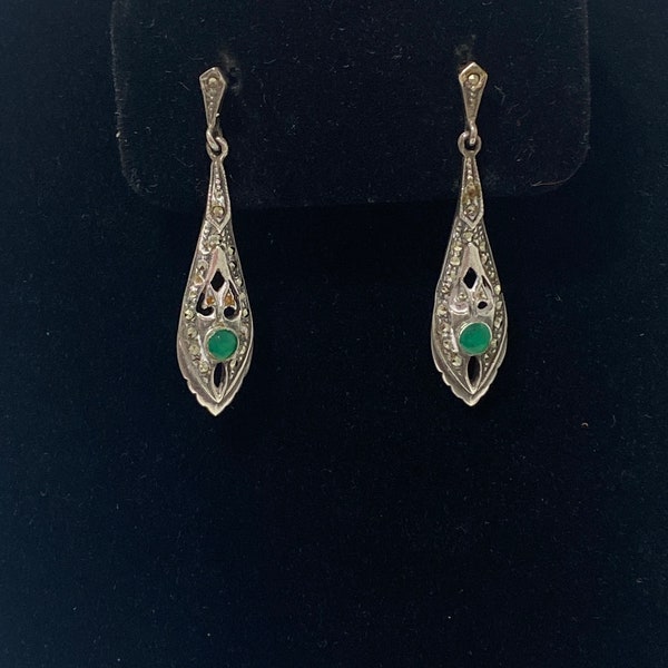 Lovely Estate Sterling Silver Victorian Style Dangle Earrings with Green Stone and Marcasite Surrounding, Filigree, FREE SHIP