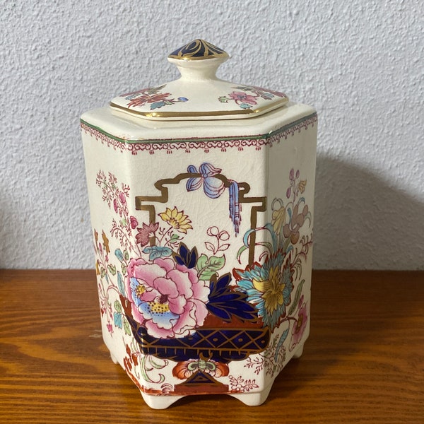 Vintage Mason's Hexagonal Ironstone China Tea Caddy or Ginger Jar with Lid, Fortnum & Mason Ltd. Label, 6" tall