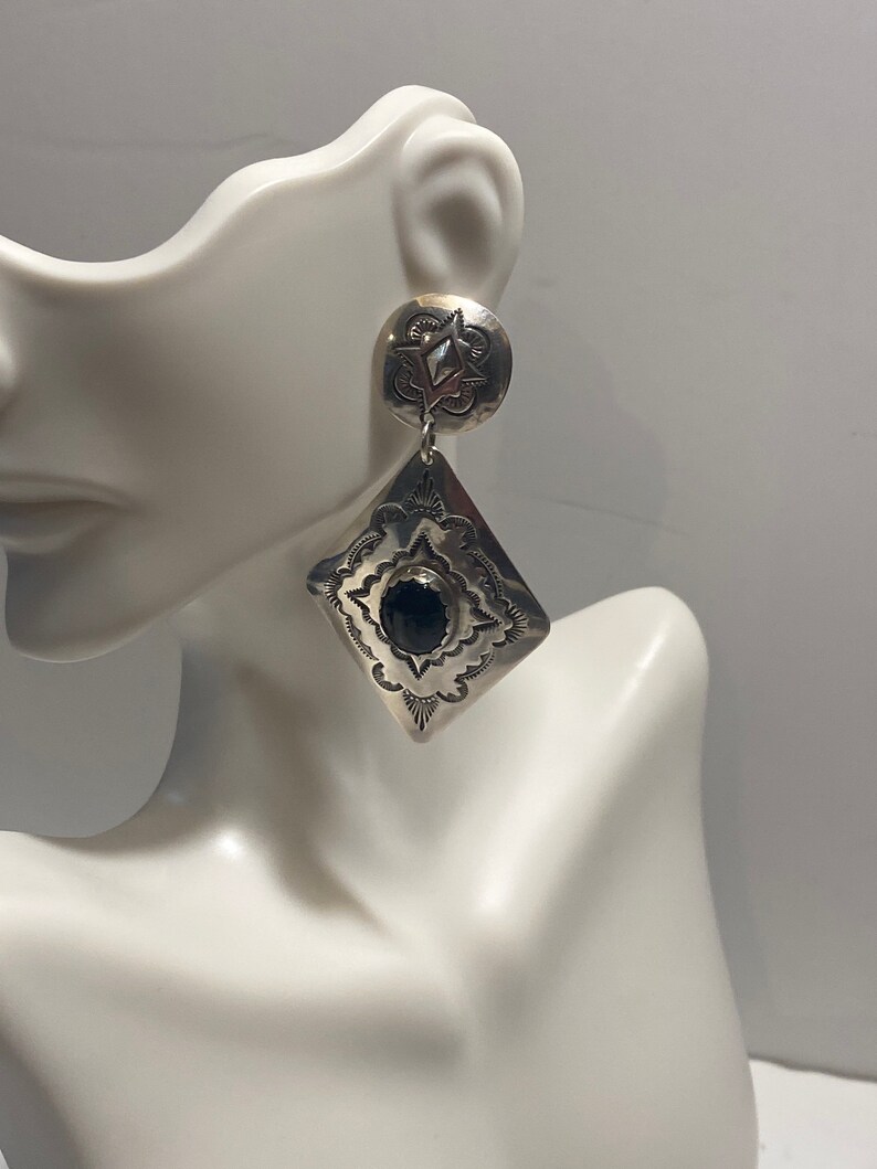 Vintage Navajo AP Sterling Silver and Black Onyx Dangle Pierced Earrings shops Set, Beautiful, Signed by Designer on back AP and Marked Sterling