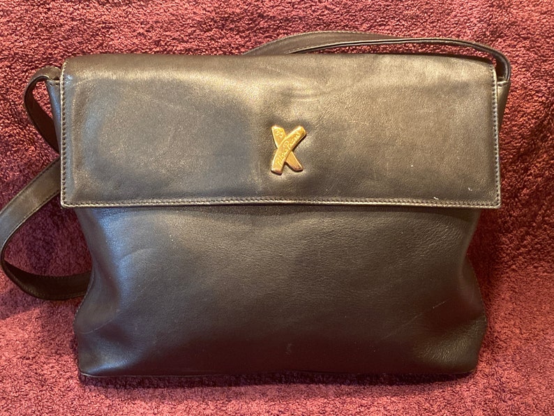 Vintage Paloma Picasso Black Leather Handbag, Leather Shoulder Bag, Crossbody purse, Adjustable, 11-1/2 wide, 8-1/2 tall, and 2-1/2 deep image 1