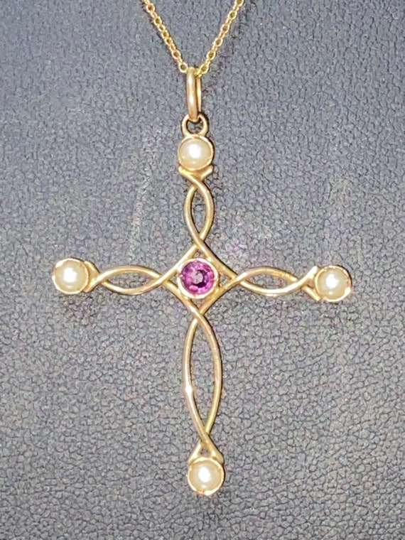 Exquisite Estate 14K Gold Cross Pendant with Pear… - image 1