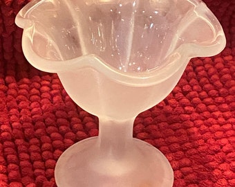 Vintage Frosted Compote Centerpiece Glass Pedestal Candy Dish, Ruffled Trim, 5" x 5", Very Pretty Bowl