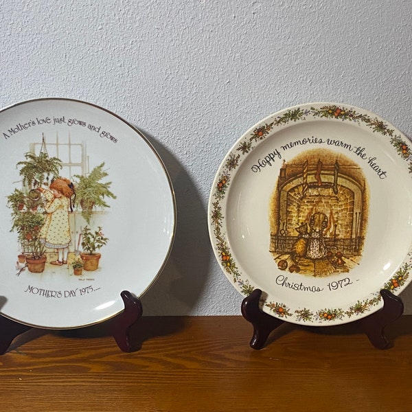 Estate Lot of 2 Holly Hobbie Collector Plates, Both Commemorative Editions, Christmas 1972 and Mother's Day 1975, approx. 10" in diameter