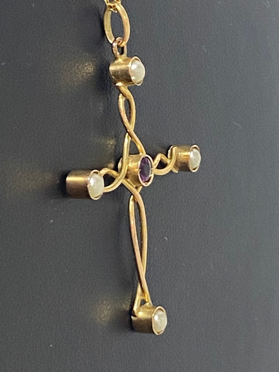 Exquisite Estate 14K Gold Cross Pendant with Pear… - image 3