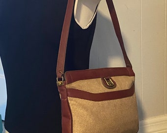 Gorgeous Estate Vintage Etienne Aigner Hand Bag, Beautiful Antique Bag, Leather, Brass and some kind of straw, rattan or something