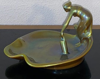 Vintage Zsolnay Iridescent Eosin Figural Dish of Lady Taking Water With Jug, At Water's Edge Trinket Tray, Green and Yellow Glaze, Gorgeous