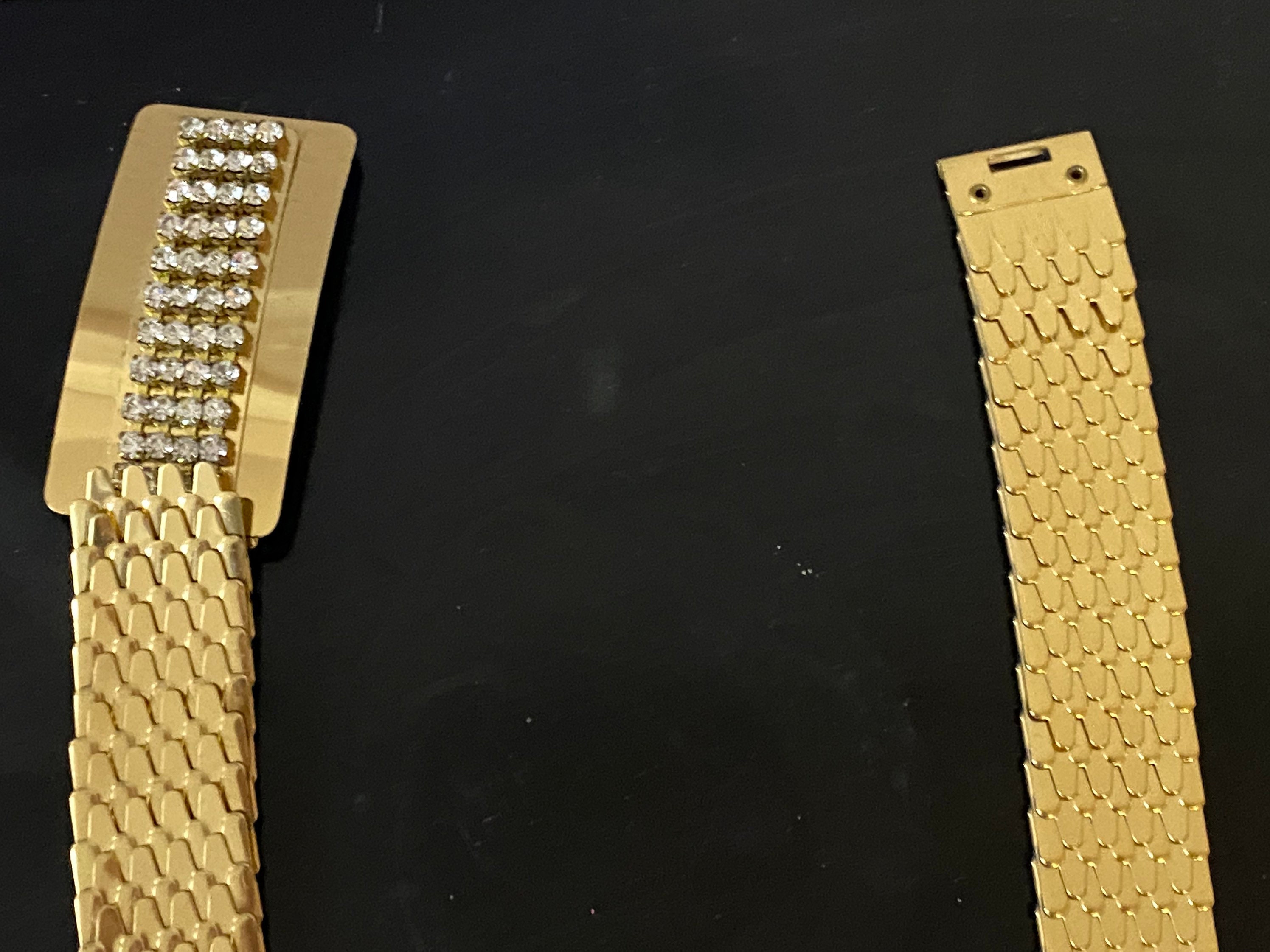 Vintage Gold Metal Mesh Stretch Belt, Rhinestone Buckle 