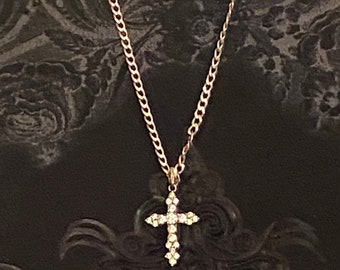Gorgeous Estate Sterling Silver, Marked 925, Religious Cross Pendant Necklace, Faux Diamonds Throughout, Chain approx. 24" long, Cross 1-1/4