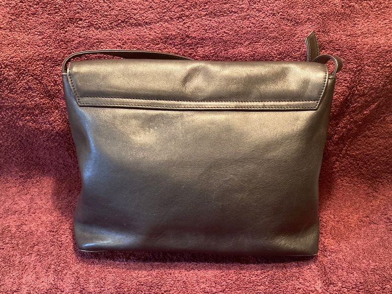 Vintage Paloma Picasso Black Leather Handbag, Leather Shoulder Bag, Crossbody purse, Adjustable, 11-1/2 wide, 8-1/2 tall, and 2-1/2 deep image 3