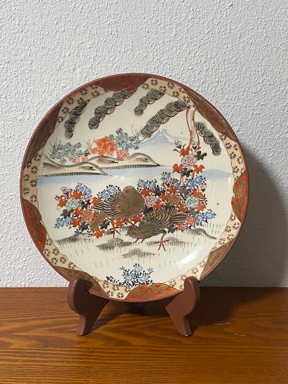 Rare Vintage Kutani Porcelain Plate: Gilded Pigeons, Pines