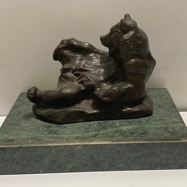 Vintage Bronze "Bear Lying On His Back" Sculpture on Marble Base, Signed by Antoine Louis Barye, Statue, 3-1/2" tall, 4-1/2" wide