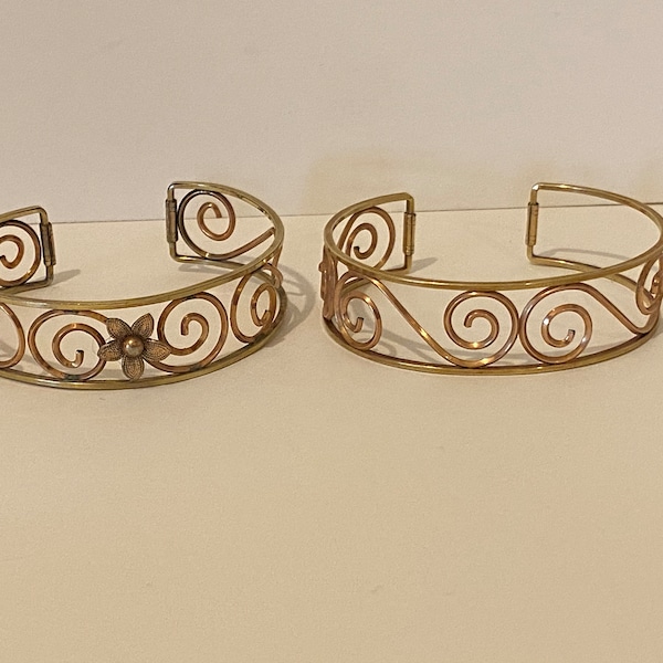 Gorgeous Estate Lot of 2 Signed Krementz Gold Colored Cuff Bracelets With Floral Filigree, One has a Pearl in Middle, SEE Description, 7"