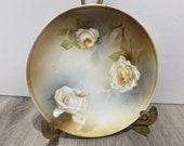 Vintage R S (Reinhold Schlegelmilch) Germany Porcelain Plate, 7-1 2 quot in diameter, Beautiful Antique Plate w White Roses, Yellow and Green