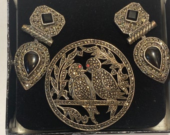 Vintage Sterling Silver Brooch and Earrings Set: Bird Design