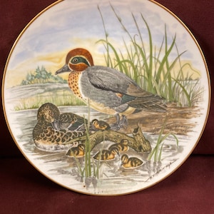 May include: Decorative plate featuring a detailed painting of ducks in a wetland scene. The plate has a gold rim and depicts a mother duck with ducklings, reeds, and a serene background. The artist's signature is visible.
