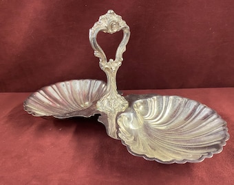 Vintage Silver Plated Footed Double Clam Shell Handled Serving Tray/Dish, Seafood, Candy, Nuts, 11&quot; x 5-3/4&quot; wide, 6&quot; tall, Marked on Bottom
