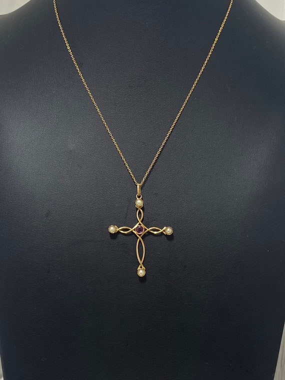 Exquisite Estate 14K Gold Cross Pendant with Pear… - image 2