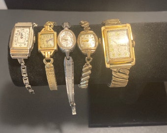 Vintage Lot of 5 Wrist Watches, Some Gold Filled, Gruen, Helbros, Hamilton, Bulova, and Elgin, NONE work when winded, 2 are missing the wind