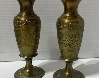 Pair of Vintage Estate Etched Brass Enamel Inlaid Bud Vase, Made in India, 6" tall each, Beautiful Design, 2-1/4" mouth and base