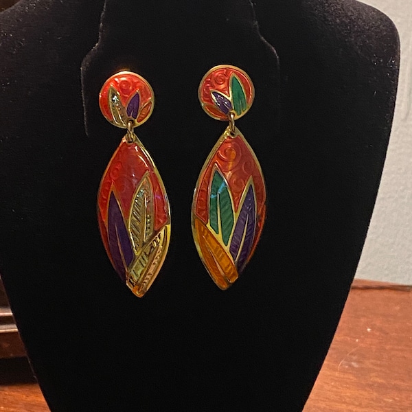 Vintage Edgar Berebi Dangle Earrings, Leafy and Colorful, 2-1/2" long, Mostly Orange, blend of purple and green, FREE SHIP