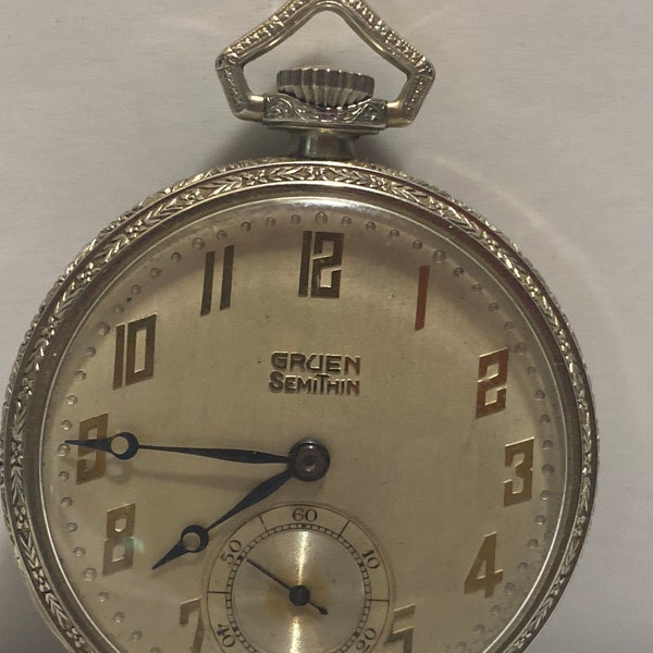 Vintage Gruen SemiThin Pocket Watch, Switzerland, Works Great, 15 Jewels, Adjusted, Open Face, 1-3/4" in diameter