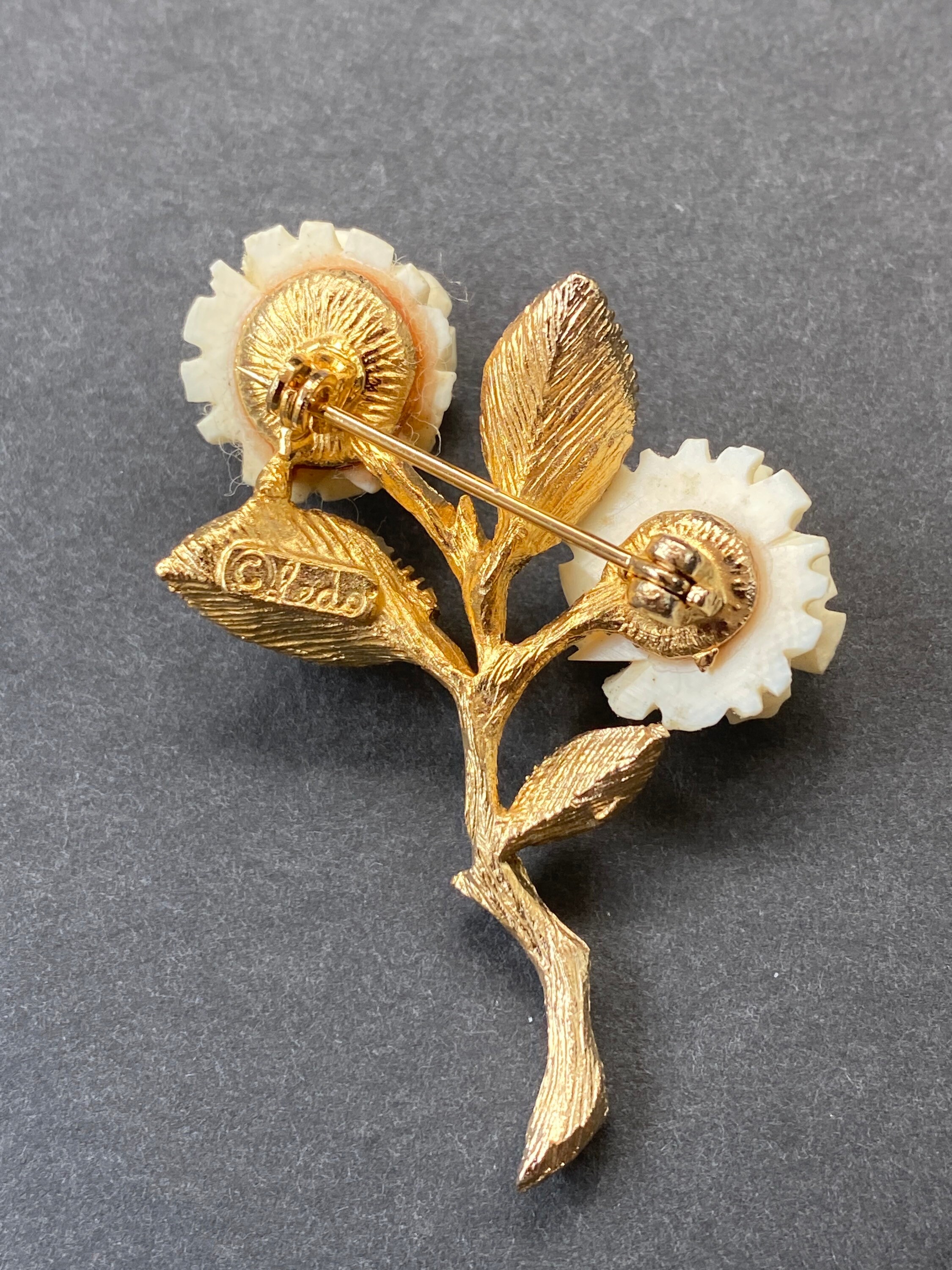 Vintage Signed Ledo Art Deco Gold Carved Celluloid 2 White