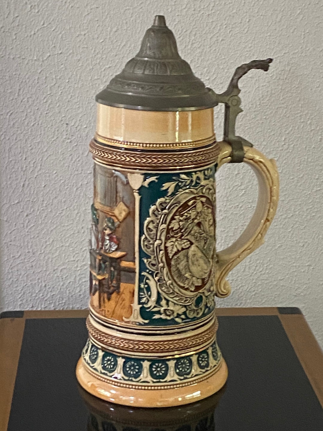 Vintage Johann Peter Thewalt One Liter Beer Stein, Tavern Scene, Mold