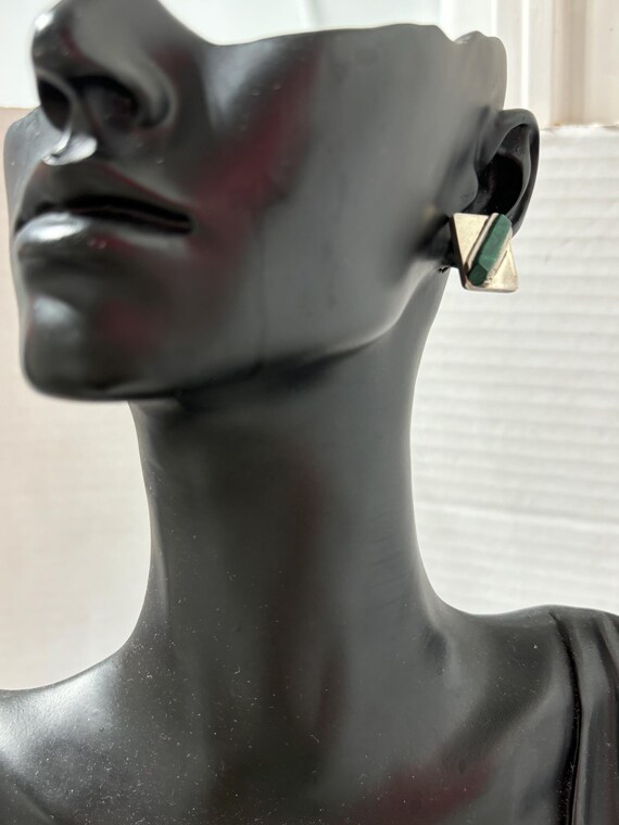 Sterling Silver Malachite Bar Stud Earrings: Stri… - image 6