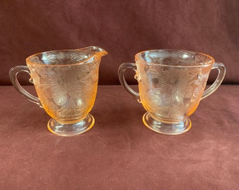 Vintage Pink Depression Glass Sugar and Creamer Set, Dogwood Floral