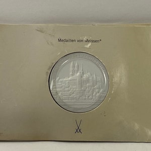 Vintage Meissen Medallion Porcelain, approximately 2" in diameter, new in the Original Card, Albrechtsburg Castle on Front