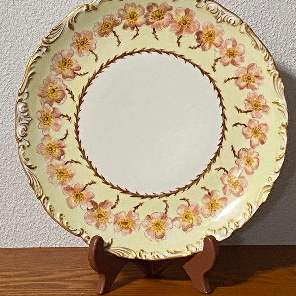 Vintage Gorgeous T & V Limoges France Depose Plate, Artist Signed, 10-1/4" in diameter, Floral Design with Thorn Trim and Gold Gilding